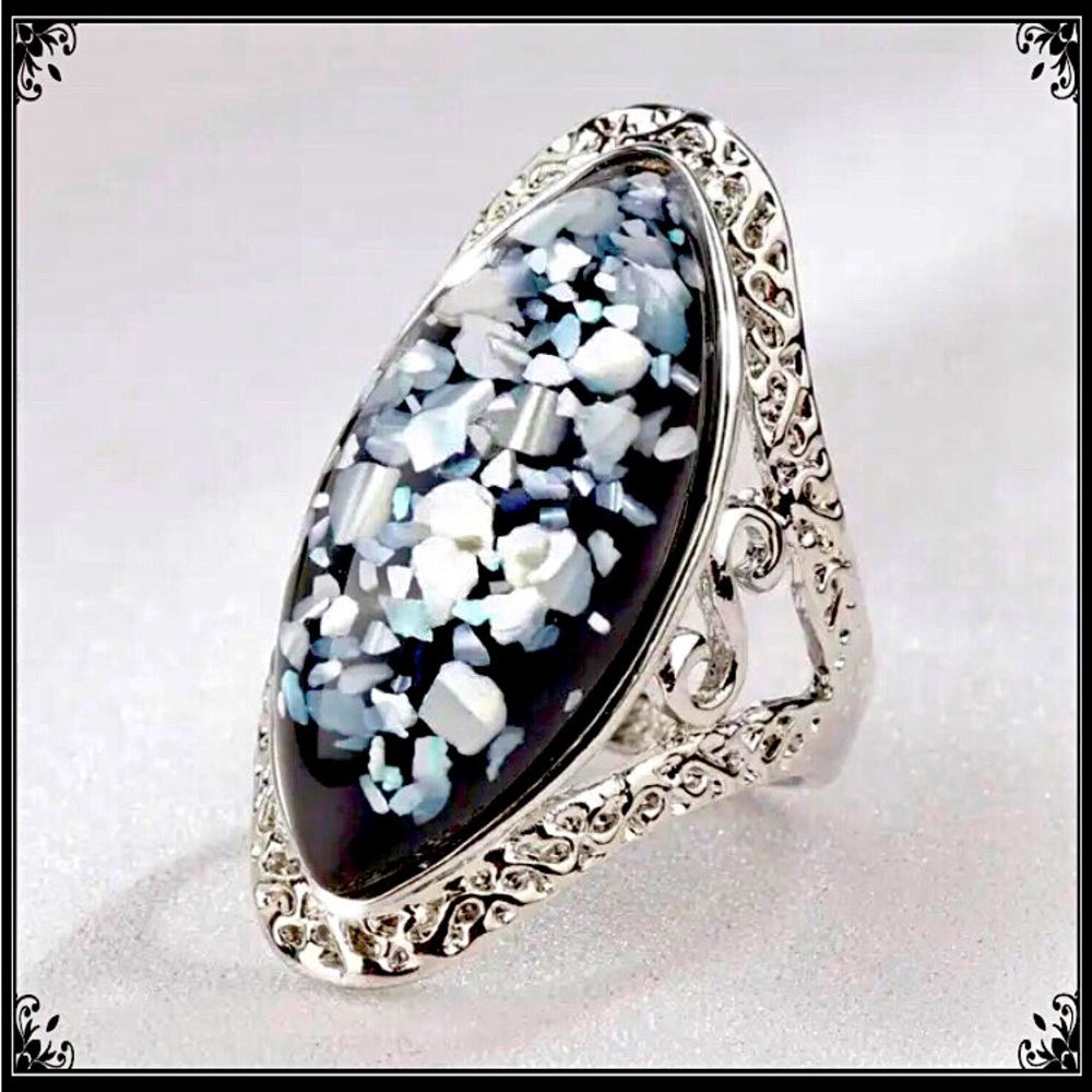 Clearance! Hammered silver blue gothic Boho gypsy mosaic shell opal Abalone ring